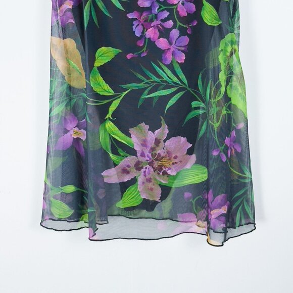 SOLD Vintage 90s Purple Floral Black One Piece Bathing Suit Mesh Swim Dress - Picture 3 of 10